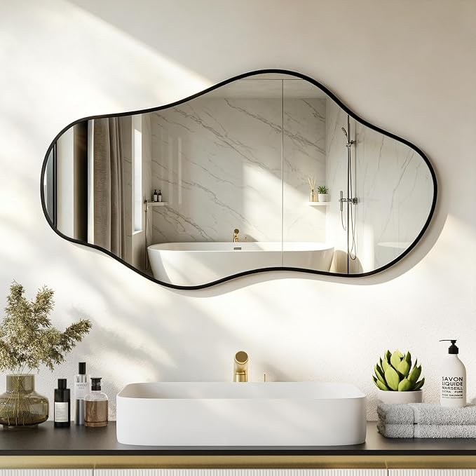 Irregular Wall Mirror, 20"x36" Asymmetrical Mirror with Metal Frame, Decorative Wall Mirror for Entryway Bathroom Living Room Bedroom, Horizontal or Vertical Hanging