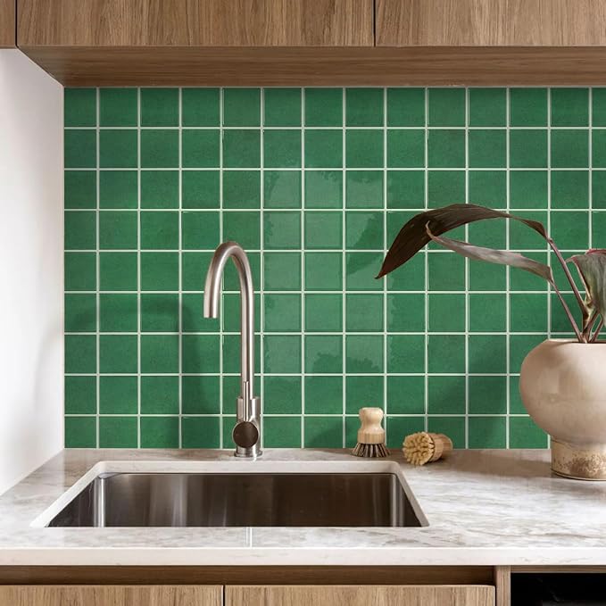Thicker Peel and Stick 3D Backsplash Tiles Kitchen Bathroom | Green, 10 Pcs 12" x 12", Glossy Self Adhesive Decorative Vinyl Backsplash Wall Sticker, Cover 10 sq ft，Removable，Waterproof