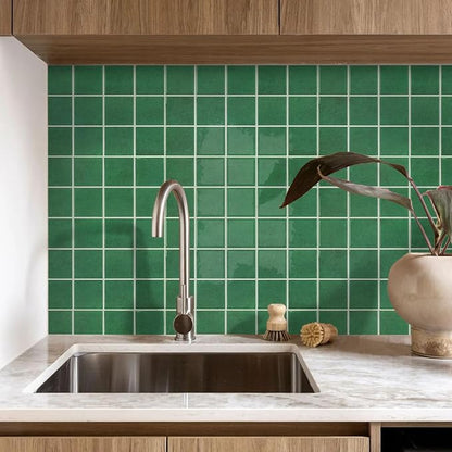 Thicker Peel and Stick 3D Backsplash Tiles Kitchen Bathroom | Green, 10 Pcs 12" x 12", Glossy Self Adhesive Decorative Vinyl Backsplash Wall Sticker, Cover 10 sq ft，Removable，Waterproof