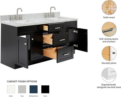 ARIEL Hamlet 72-inch Bathroom Vanity with Sink,Solid Wood, 1.5-inch Italian Carrara Marble Countertop, Double Rectangular Porcelain Sink, 4 Soft Closing Doors, 3 Dovetail Drawers, Black