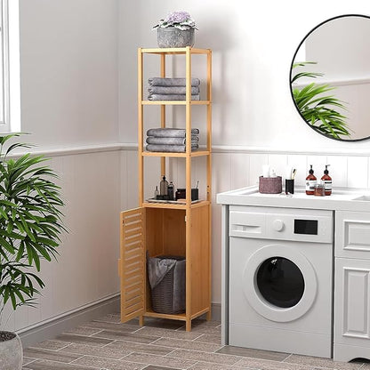 67" Tall Bathroom Cabinet，Linen Tower Cabinet with Single Door and 3 Tier Shelves，Bamboo Freestanding Cabinets Storage Organizer for Living Room, Bedroom, Kitchen