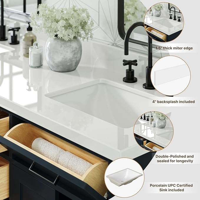 ARIEL 67 inch Double Bathroom Vanity top with Sink, 1.5 Inch Thick Miter Edge White Quartz top, Rectangle Double Sink Vanity top, Includes Backsplash