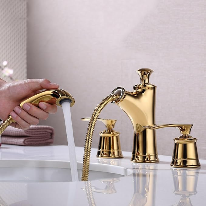BiaoTeng Bathroom Faucets for Sink 3 Hole Pull Out Hot and Cold Double Handle Three Hole Bathroom Faucet with Pullout Spray Brass Gold