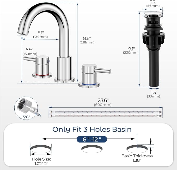 Chrome 8 Inch Widespread Bathroom Faucet 3 Hole with Pop-up Drain | 2 Handle, 8 Inch 3 Hole Sink, 360° Swivel Spout, RV Vanity, Quick Connect, Supply Hoses, NSF372 NSF61 cUPC