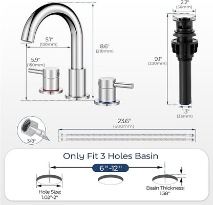 Chrome 8 Inch Widespread Bathroom Faucet 3 Hole with Pop-up Drain | 2 Handle, 8 Inch 3 Hole Sink, 360° Swivel Spout, RV Vanity, Quick Connect, Supply Hoses, NSF372 NSF61 cUPC
