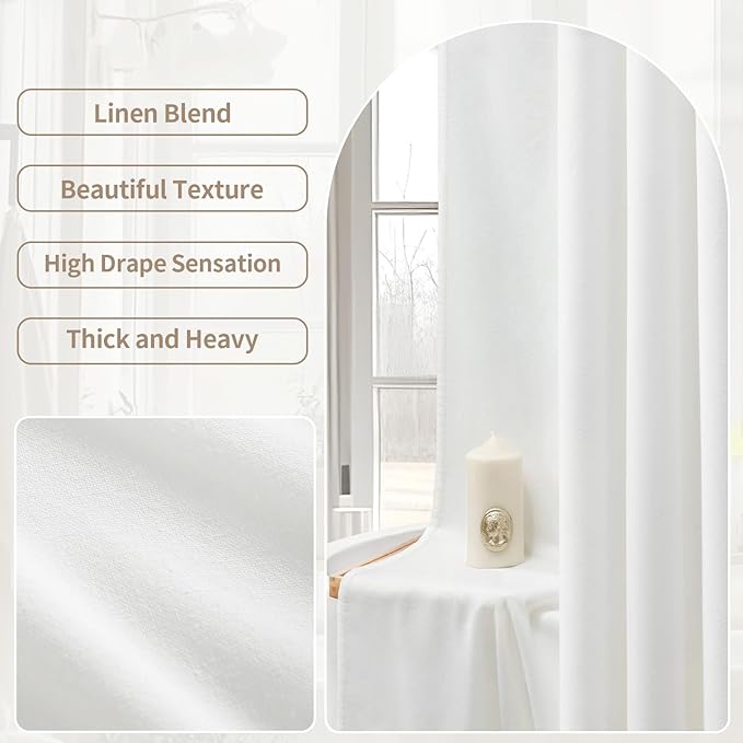 Linen Shower Curtain White, Fabric Boho Farmhouse Shower Curtains for Bathroom Cotton Natural Cloth Liner Set 60" W x 72" L