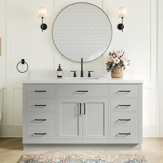 ARIEL Hepburn 60-inch Bathroom Vanity with Sink,Solid Wood, 1.5-inch Pure White Quartz Countertop & Backsplash, Single Rectangular Porcelain Sink, 2 Soft Closing Doors, 9 Dovetail Drawers, Grey