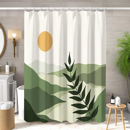 Boho Mid Century Shower Curtain Modern Abstract Sun Tropical Leaves Bathroom Curtain Set Neutral Minimalist Plant Waterproof Fabric Bath Decor with Hooks 72x72 inch