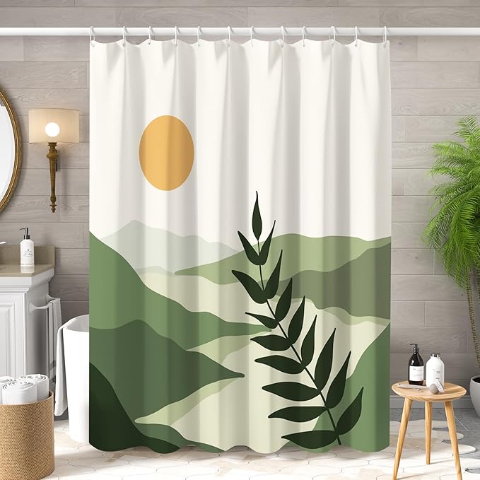 Boho Mid Century Shower Curtain Modern Abstract Sun Tropical Leaves Bathroom Curtain Set Neutral Minimalist Plant Waterproof Fabric Bath Decor with Hooks 72x78 inch