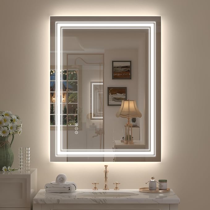 24x32 LED Bathroom Mirror with Backlit and Front lit | Lighted Mirror for Bathroom Wall, Dimmable, Anti-Fog, Shatterpoof, Memory, ETL Listed (Horizontal/Vertical)