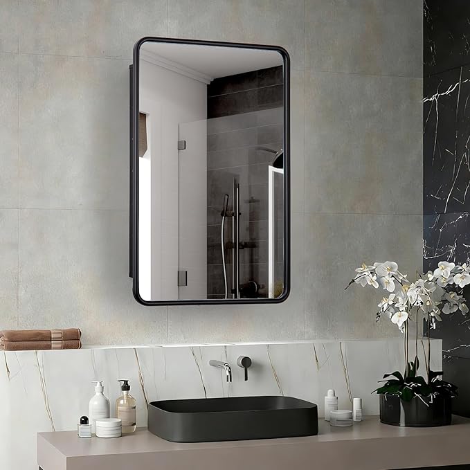 16 x 24 Black Bathroom Medicine Cabinet with Mirror Metal Frame Recessed Or Wall Mounted Single Door Storage Medicine Cabinets with Adjustable Shelves Rounded Corner Beveled Mirrors