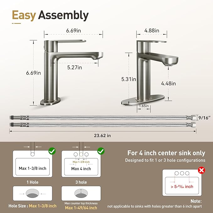 Single Hole Bathroom Faucet | 6.7" Brushed Nickel Single Handle Bathroom Faucet with 304 Stainless Steel Body, Spot-Free Finish & Anti-Splash | Premium Ceramic Valve, Easy Installation