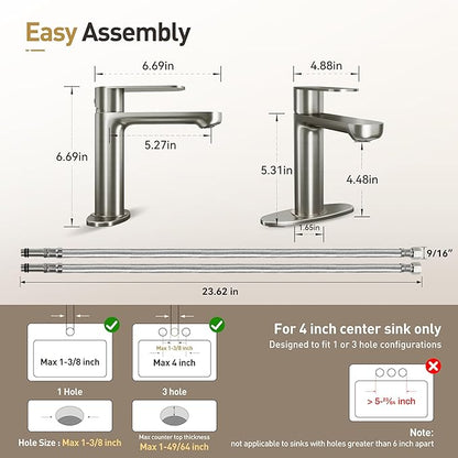 Single Hole Bathroom Faucet | 6.7" Brushed Nickel Single Handle Bathroom Faucet with 304 Stainless Steel Body, Spot-Free Finish & Anti-Splash | Premium Ceramic Valve, Easy Installation