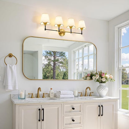Black Gold Bathroom Vanity Light: 4 Light Vanity Lighting Fixtures with Flared Fabric Shade, Farmhouse Bathroom Lighting Fixtures over Mirror, Wall Sconce Lights for Bedroom Hallway Living Room