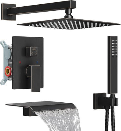 Midanya Shower System with Tub Spout,10 Inch Shower Head,Oil Rubbed Bronze | with Valve & Trim Kit,Square Rain Head,Handheld Sprayer,Waterfall Spout,All Metal Wall Mount Bathroom Shower Tub Faucet Set