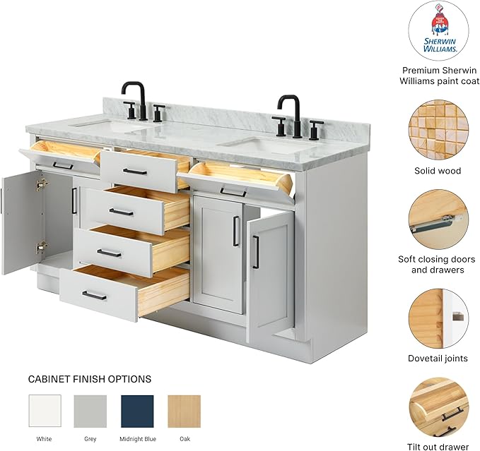 DKB Isabella 72 Inch Bathroom Vanity Double Sink — Grey Bathroom Vanity with Sink, 1.5" Edge Italian Carrara Marble Countertop & Backsplash, 4 Soft-Close Doors, 4 Dovetail Drawers, and 2 Tilt Drawers