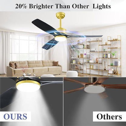 Ceiling Fans with Lights and Remote - 52 Inch Smart App Control Modern Low Profile Fandelier - Flush Mount for Living Room, Bedroom, Farmhouse - 35w Led Lighting Bulb - Quiet DC Motor - Black Gold