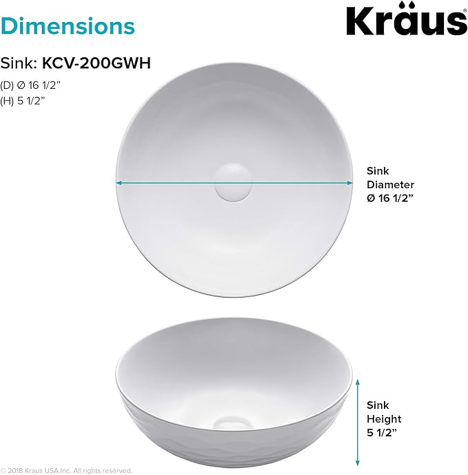KRAUS Viva™ Round White Porcelain Ceramic Vessel Bathroom Sink, 16 1/2 in. D x 5 1/2 in. H, KCV-200GWH