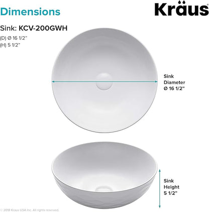 KRAUS Viva™ Round White Porcelain Ceramic Vessel Bathroom Sink, 16 1/2 in. D x 5 1/2 in. H, KCV-200GWH
