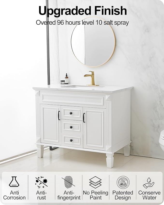 Waterfall Faucet, Brass Gold Bathroom Faucet 1 Hole, 1 Handle Bathroom Faucets for Sink 3 Hole (4 Inch) with Pop-up Drain, Hoses & Deck Plate