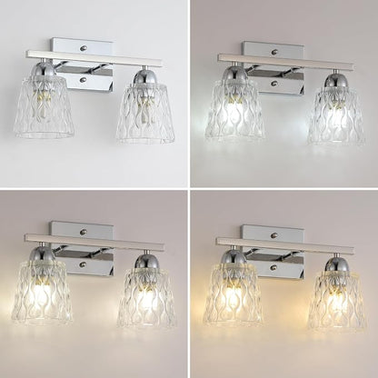 Mecgirn Stainless Steel Bathroom Vanity Light Over Mirror, 2 Light Polished Chrome Bathroom Light Fixtures with Textured Glass Shades, Modern Vanity Lighting Wall Mount