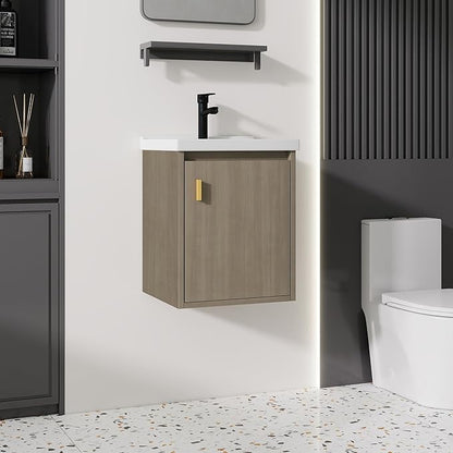 16'' Bathroom Vanity with Ceramic Sink Combo, Wall Mounted Small Bathroom Vanity with Soft-Close Door Modern Floating Cabinet, Pop-up Drain, P-Trap Included, BrownWalnut(No Faucet)