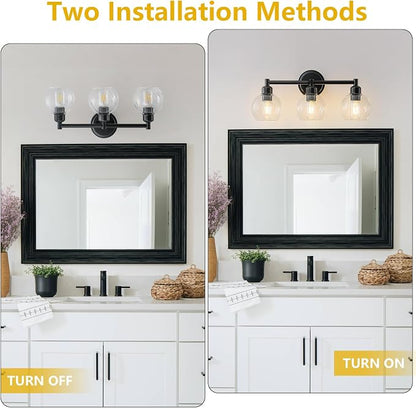 Modern Black Bathroom Vanity Lights,3-Light Matte Black Bathroom Light Fixture with Clear Glass Globe Shades, Adjustable Brightness Vanity Lighting fixtures for Kitchen,Bedroom,Hallway