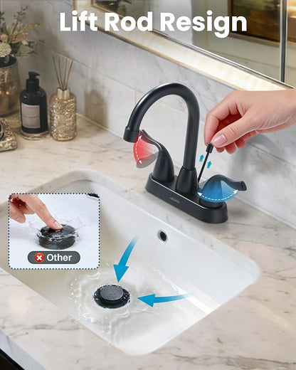 ARCORA Matte Black Bathroom Faucet, 4 Inch Centerset Bathroom Sink Faucet with Drain Assembly and Supply Hoses, 2 Handle Basin Faucet