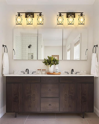 3-Light Black Bathroom Light Fixtures, 21 Inch Modern Bathroom Vanity Lighting Fixtures Over Mirror with Clear Glass and Metal Cage Wall Sconce Lights for Bath, E26, CH9176BK-3W