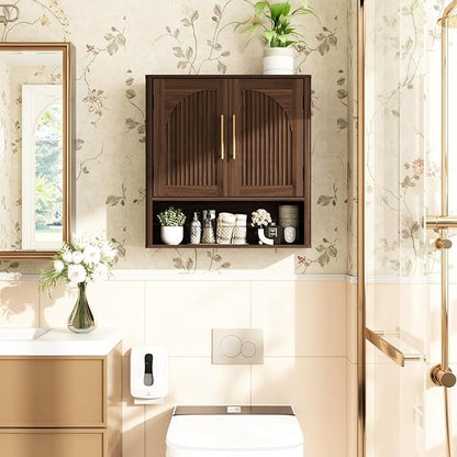 RUSTOWN Fluted Bathroom Wall Cabinet, Mid Century Modern Medicine Cabinet W/Adjustable Shelf & 2 Arched Doors, Over The Toilet Storage Cabinets for Laundry Room Kitchen Living Room, Dark Walnut