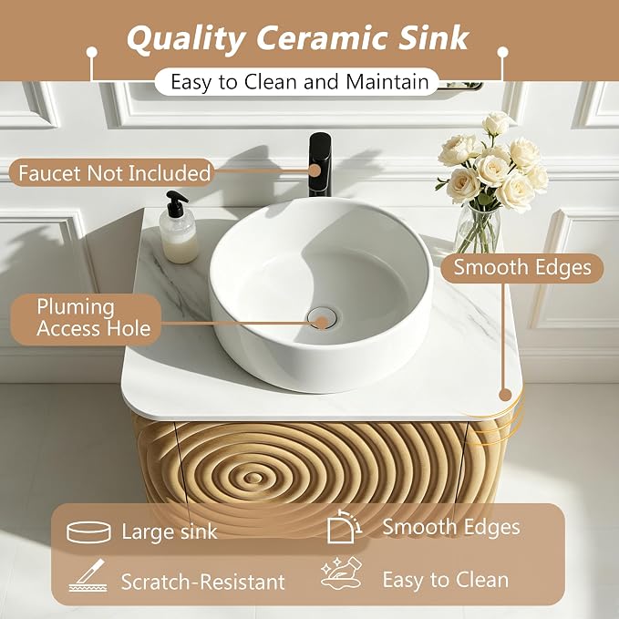 24" Floating Bathroom Vanity with Sink, Mid-Century Wall Mounted Bathroom Vanity Cabinet with Waved Decor, Ceramic Vessel Basin, Sintered Stone Top, Soft Close Storage Drawer, Natural