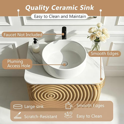 24" Floating Bathroom Vanity with Sink, Mid-Century Wall Mounted Bathroom Vanity Cabinet with Waved Decor, Ceramic Vessel Basin, Sintered Stone Top, Soft Close Storage Drawer, Natural