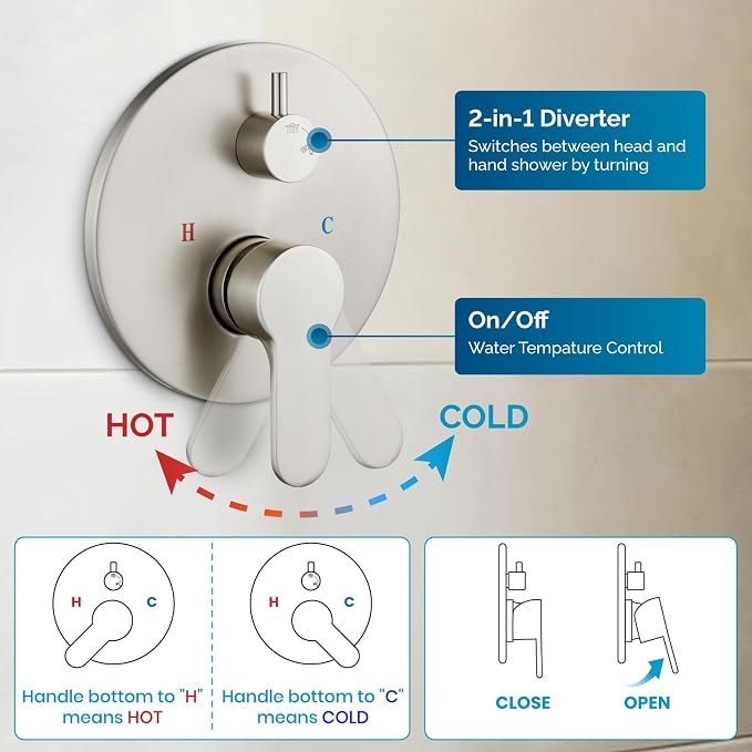 gotonovo Slide Bar Shower System Faucet Set Complete,Brushed Nickel,10 Inch | Rain Round Shower Head with 6-Modes Handheld Spray,Valve and Trim Kit Included,Bathroom Wall Mount,All Metal,2-In-1 Diverter