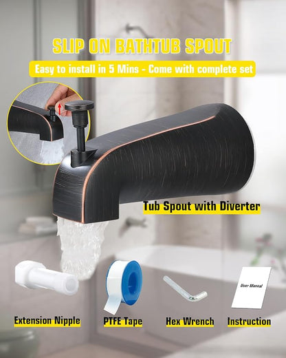 Tub Spout with Diverter, Slip On Bathtub Spout Fits 1/2'' Copper Tube(5/8'' Dia), Bathroom Tub Faucet with PTFE Tape & Hex Wrench, Oil Rubbed Bronze