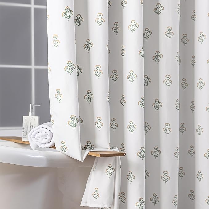 Orange and Green Spring Floral Shower Curtain for Bathroom, Soft Ditsy Flower Print on White Fabric, Cottagecore Farmhouse Shower Curtain, 72x72