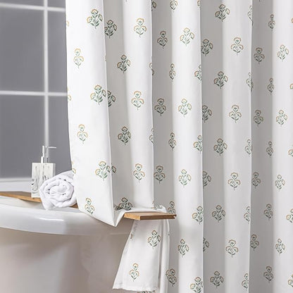 Orange and Green Spring Floral Shower Curtain for Bathroom, Soft Ditsy Flower Print on White Fabric, Cottagecore Farmhouse Shower Curtain, 72x72