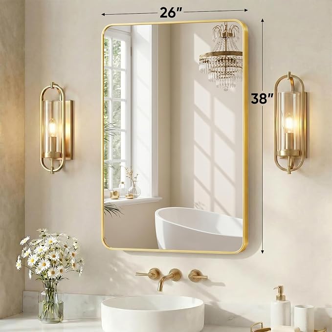 Sweetcrispy Bathroom Wall Mirror, Vanity Mirrors, 26x38 Inch | Rounded Rectangle Matte Metal Frame, Over Sink Home Decor, Living Room Bedroom Hang, Gold
