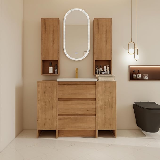 48" Bathroom Vanity Set, 48 Inch Modern Freestanding Vanity with 3 Drawers and 2 Wall-Mounted Side Cabinet, Single Resin Sink Floor Stand Cabinet Set Imitative Oak