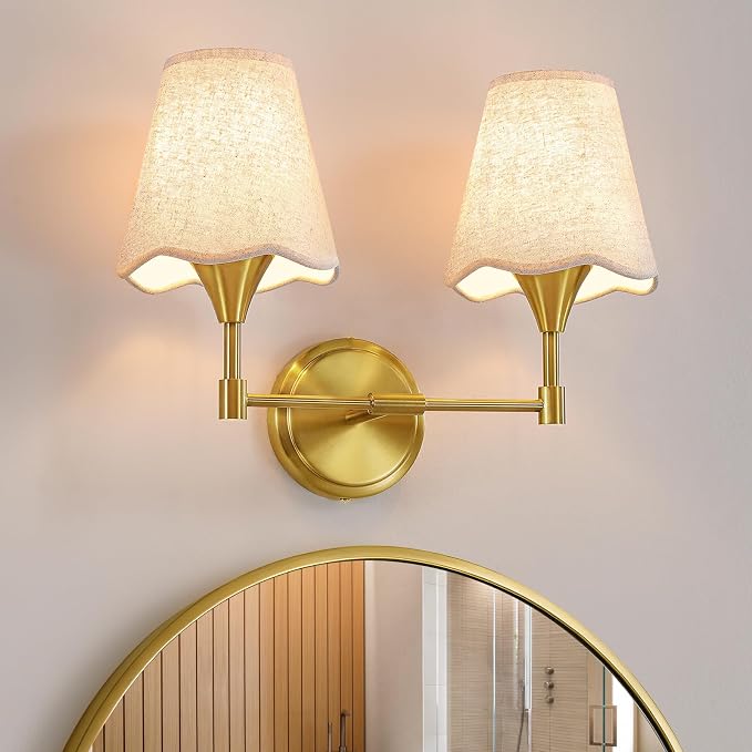 Gold Bathroom Vanity Light Fixtures: Brushed Gold Vanity Lights Over Mirror with Flared Fabric Shade, Modern Bathroom Lighting Fixtures, 2 Light Wall Sconces Lighting for Bedroom Hallway Living Room