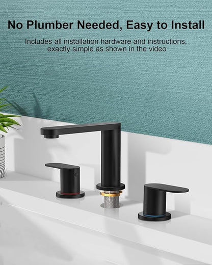 BWE 2 Pack Black Bathroom Faucet 3 Hole, Matte Black Bathroom Faucet 8 Inch Widespread, Pop-up Drain and Supply Lines, 360° Swivel Spout 2-Handle Bathroom Sink Faucets for Bath Vanity