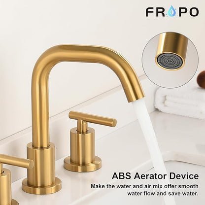Brushed Gold Bathroom Faucet for Sink 3 Hole, 8 inch Widespread Bathroom Faucets | Brass Gold Vanity Faucets with 360° Swivel Spout 2 Handle Gold Sink Faucet with Drain & Supply Hoses