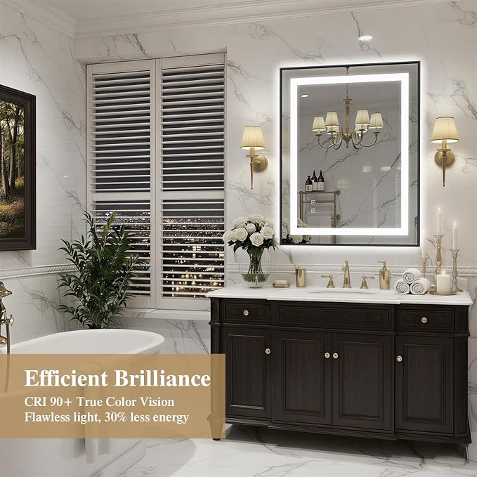28X36 Inch LED Bathroom Mirror with Lights, Black Frame Frontlit+ Backlit Bathroom Vanity Mirror for Wall, Ultra-Clear Tempered Glass, Shatter-Proof, Anti-Fog and Memory Function, ETL Listed