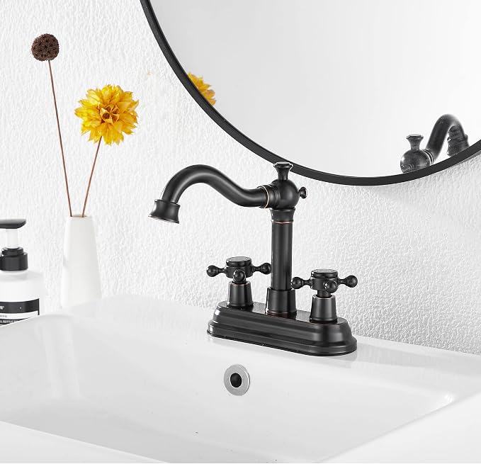 Bathroom Faucet Oil Rubbed Bronze GGStudy 2 Handles 4 Inches Centerset Bathroom Vanity with Drain Assembly and Supply Hose Lavatory Mixer Double Handle Tap