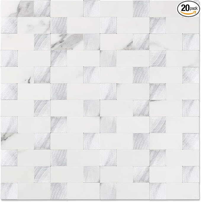 Yipscazo Peel and Stick Backsplash Tile, Stick on Stainless Steel Backsplash Metal Tiles for Kitchen Walls in Marble White Mixed Metal (12''x12'',20 Sheets)