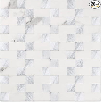 Yipscazo Peel and Stick Backsplash Tile, Stick on Stainless Steel Backsplash Metal Tiles for Kitchen Walls in Marble White Mixed Metal (12''x12'',20 Sheets)