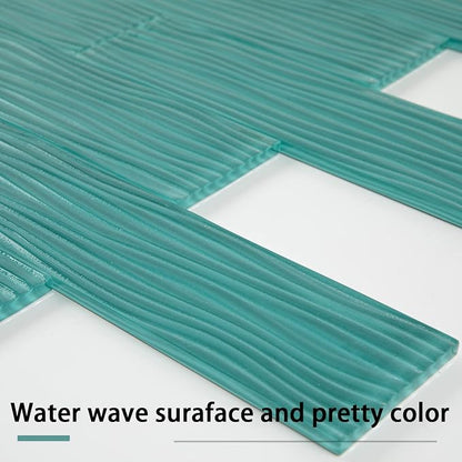 Aquamarine Water Wave Glass Subway Tile, 3 x 12 Inch, 4 Sq Ft, Backsplash for Bathroom Kitchen Wall, Green, 16-Pack