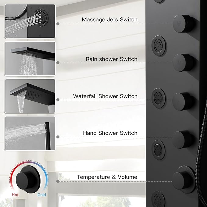 Homevacious Stainless Steel Shower Panel Tower System, Rainfall Waterfall Shower Head,5 Massage Body Jets and Handheld,Wall Mounted Multi-Function Bathroom Shower Panel,Matte Black