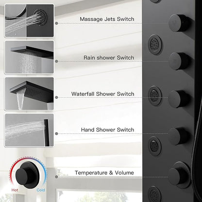Homevacious Stainless Steel Shower Panel Tower System, Rainfall Waterfall Shower Head,5 Massage Body Jets and Handheld,Wall Mounted Multi-Function Bathroom Shower Panel,Matte Black