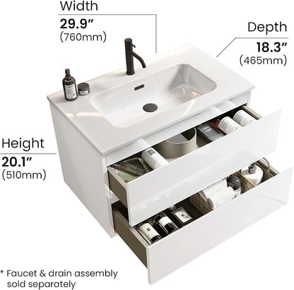 30" Bathroom Vanity with Sink, Modern Floating Vanity with Double Soft Closing Drawers, Large Storage for Small Space, Glossy White, Fully Assembled - Iris Collection