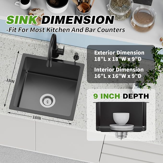 Black 18x18 In Undermount Kitchen And Bar Sink- Stainless Steel Single Bowl Kitchen Sink Modern Drop In Bar Sink With Silicon Mat,Drain Strainer Set Compatibility With Various Kitchen & Bar Style